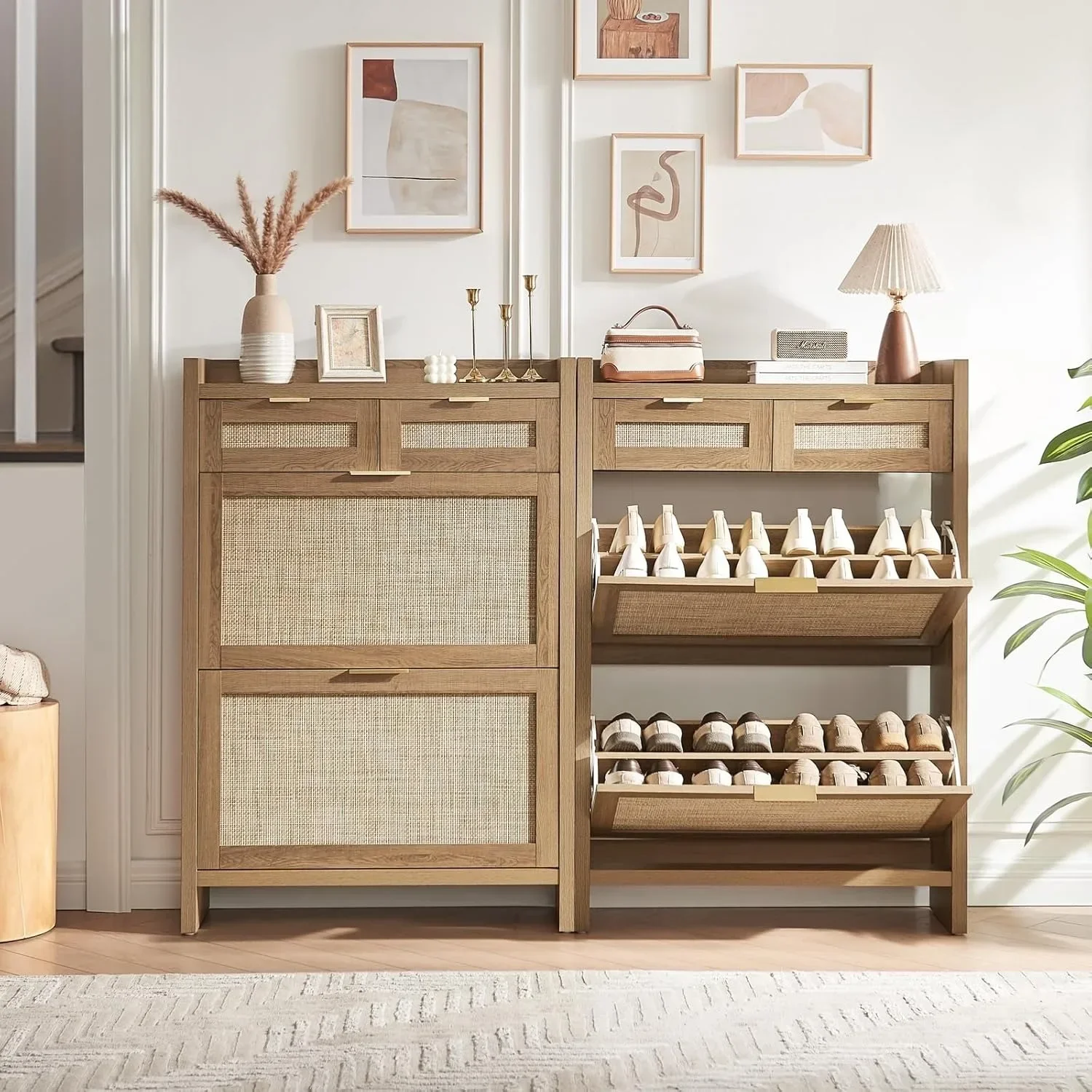 Rattan Shoe Storage Cabinet Slim Entryway Organizer with 2 Drawers And 2 Flip Drawers for Large Tabletop Space Customized