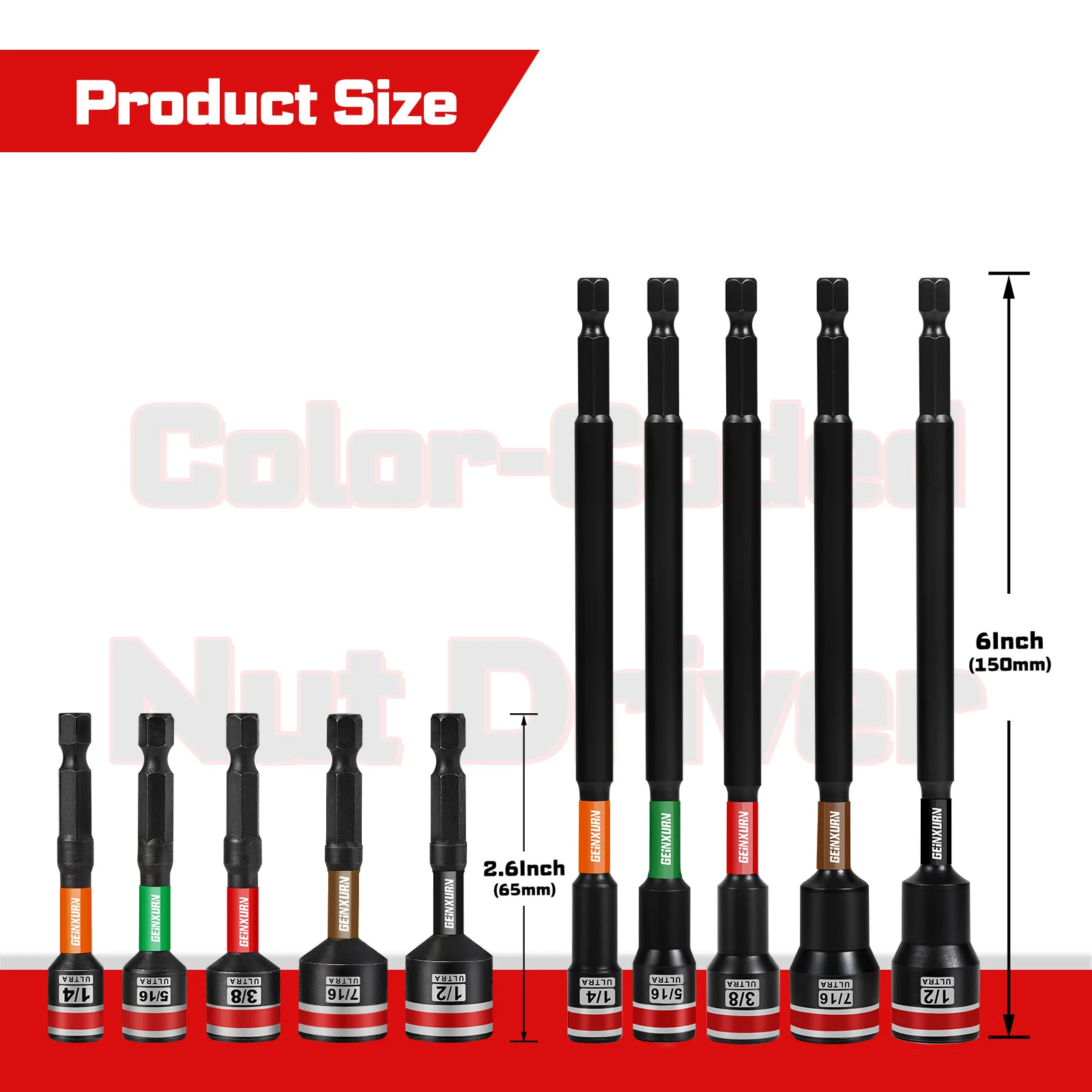 Geinxurn Impact Nut Driver Set, 2.56”/6