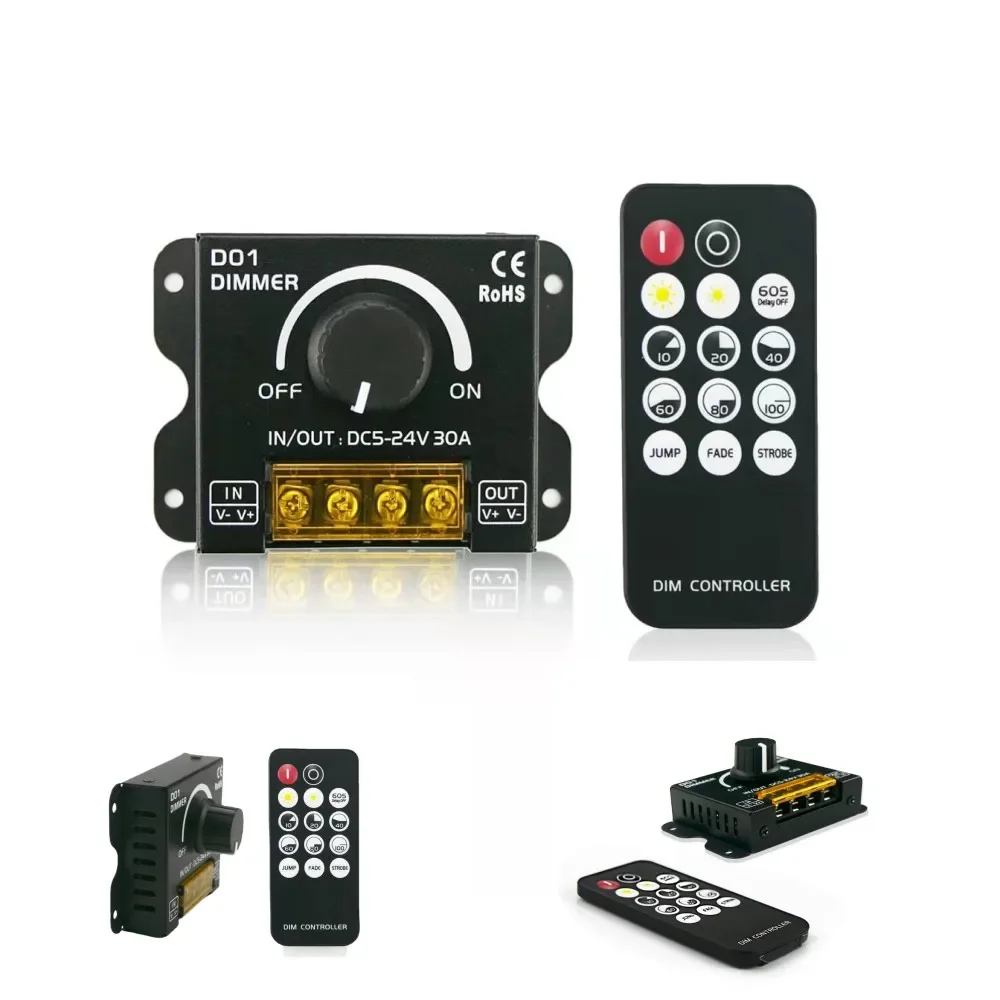 LED Strip Light Knob Switch Dimmer DC5-24V 30A with Wireless RF Controller for Single Color / CCT Tape Lights Stepless Dimming