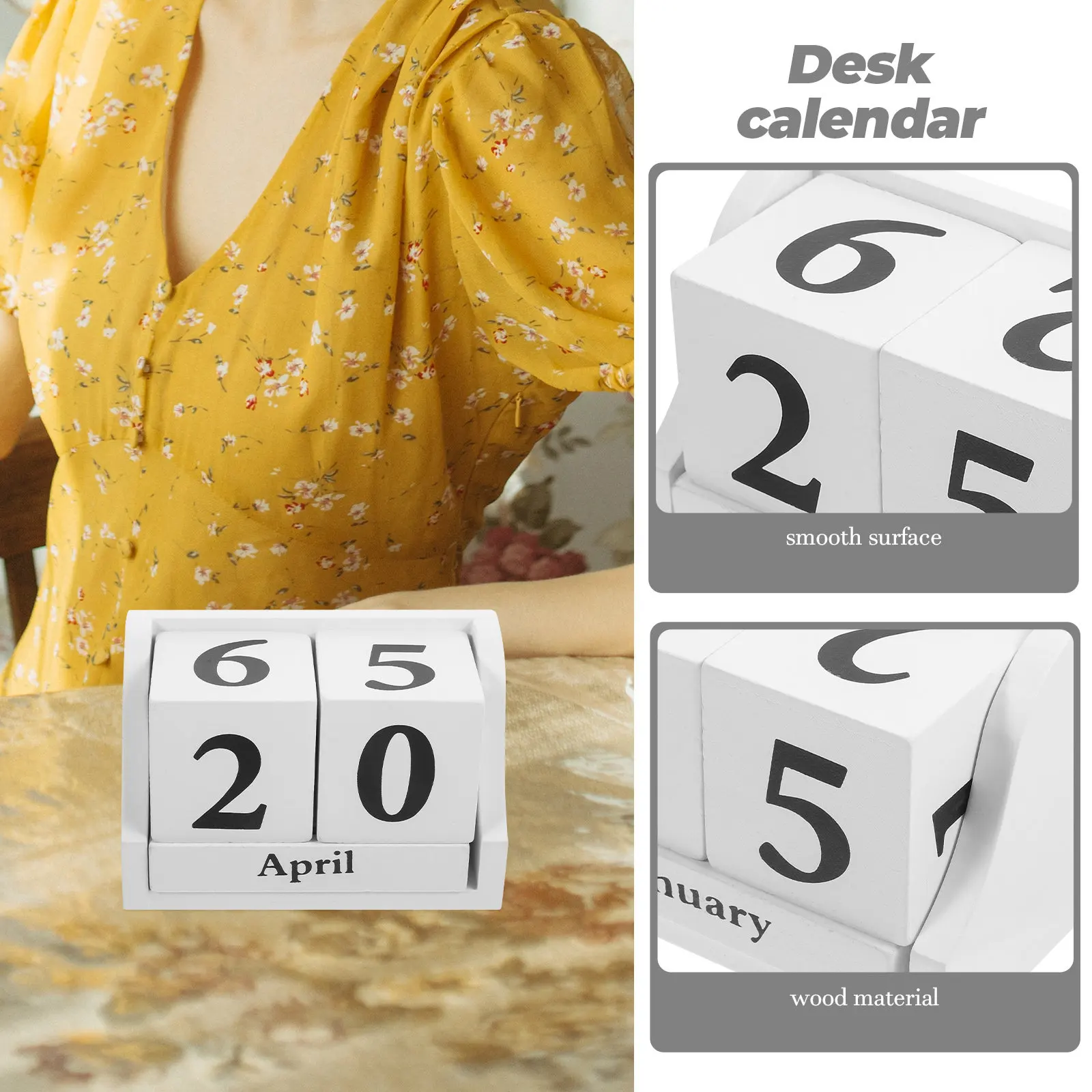

Wooden Block Calendar Desktop Perpetual Date Display Calendar with Smooth Edges for Office Home Study Living Room Nursery Decor