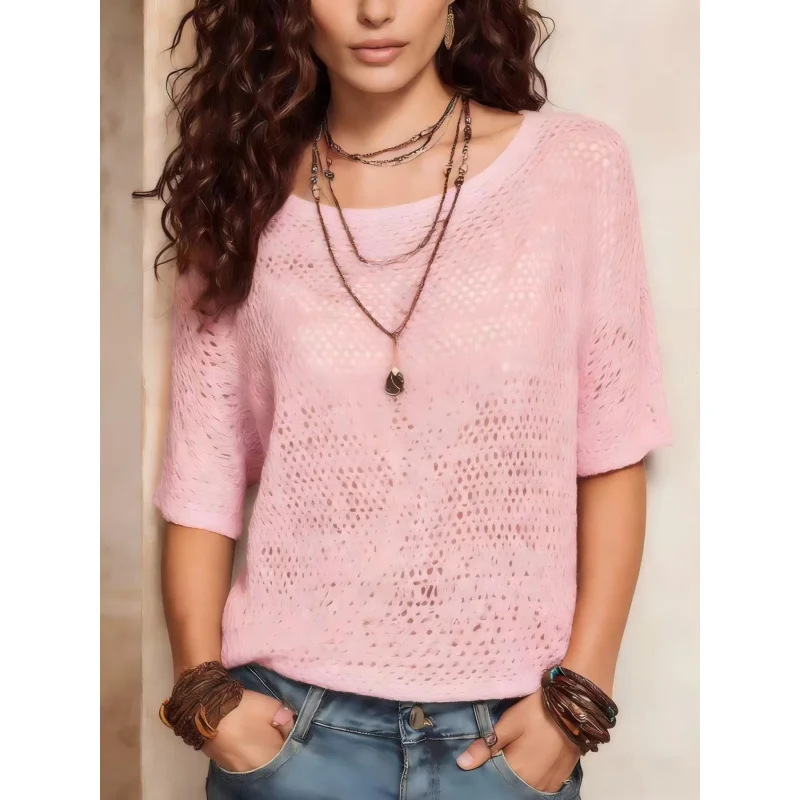 

Women's Short-Sleeved Beach Cover-Up Top - Lightweight Mesh Blouse with Open Hang Neck Collar, Ruffled Edges