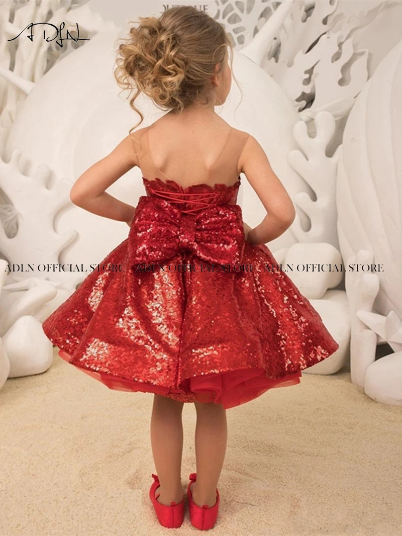 ADLN Detachable Train Flower Girl Dress Short A-line Red Sequin Kids Birthday Party Dresses Royal Blue Children Prom Gown