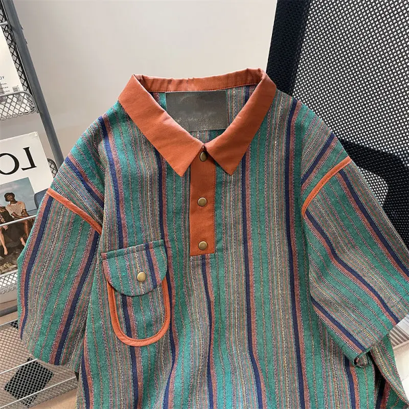 2024 New Summer Hong Kong Style Niche Trendy Brand Casual Loose Oversized Lapel Contrasting Stripes Short Sleeved Polo Shirt Top