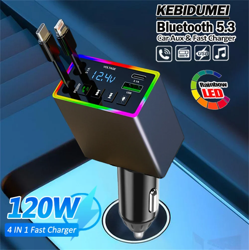 

KEBIDUMEI RGB Bluetooth 5.3 FM Transmitter Handsfree Call U-disk AUX Mp3 Player 120W 4 IN 1 Retractable Phone Charger Voltmeter