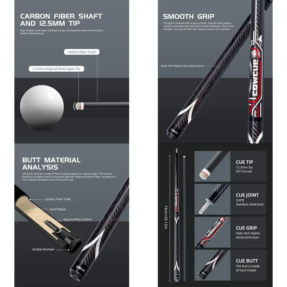 

Carbon Fiber Pool Cue - Low Deflection Series, 58 Billiards Stick, 12.5mm Tip, Adjustable Weight 19OZ, 3/8 x 8 Joint