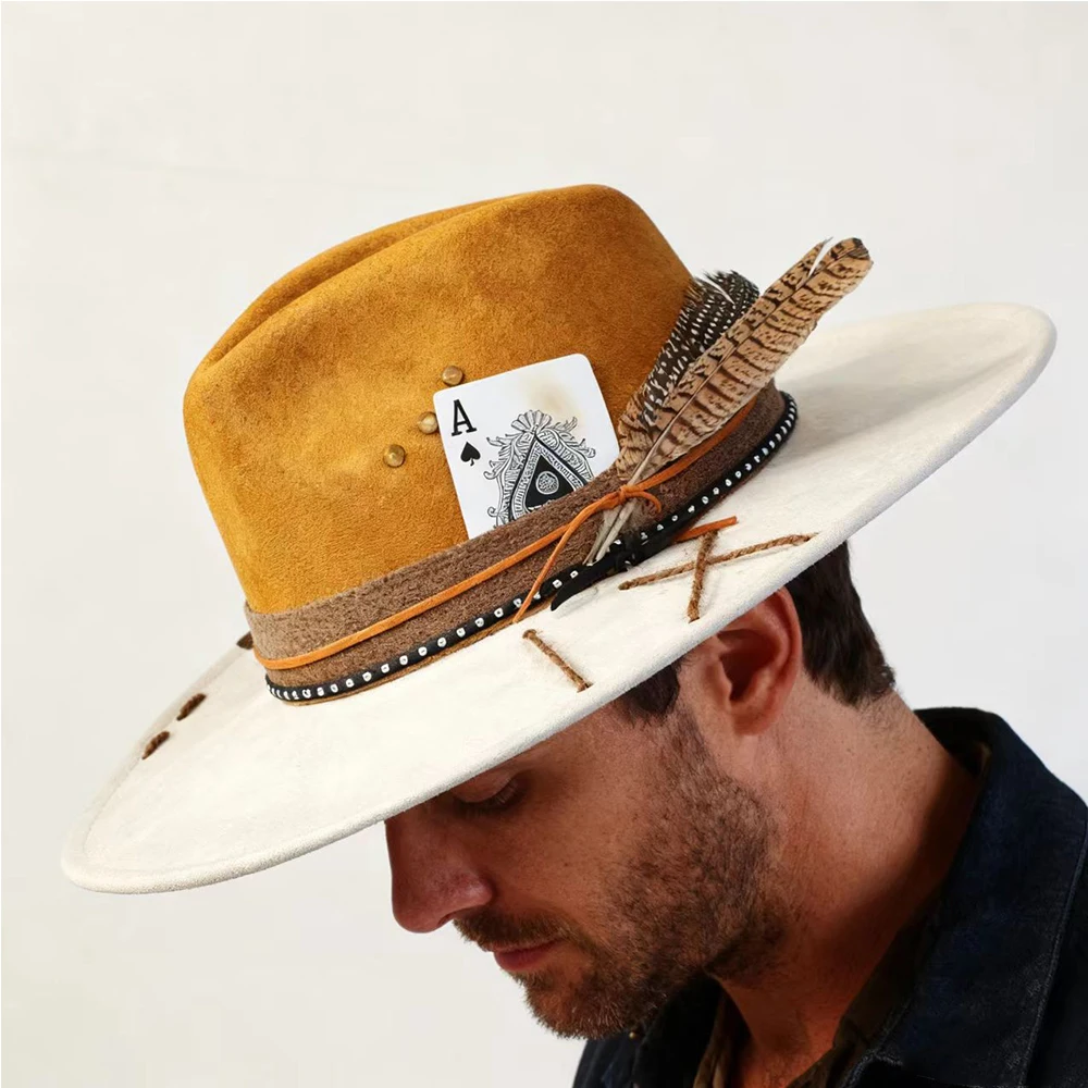 Sombreros Fedora de gamuza con bloqueo de Color para mujer y hombre, sombrero clásico de ala ancha grande de gamuza Panamá, sombrero de fiesta occidental, sombrero rockero para hombre