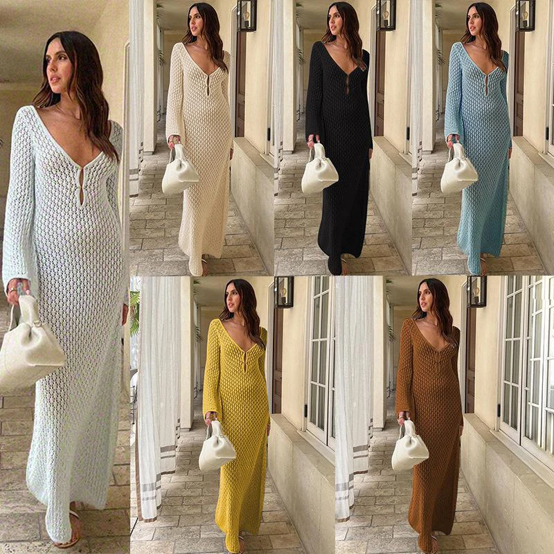 

Beach Dress Women 2024 Sundress Beachwear New Knitted Sexy Hollow Robe Bikini Solid Polyester Swimwear Cover Up Fashion Wear For