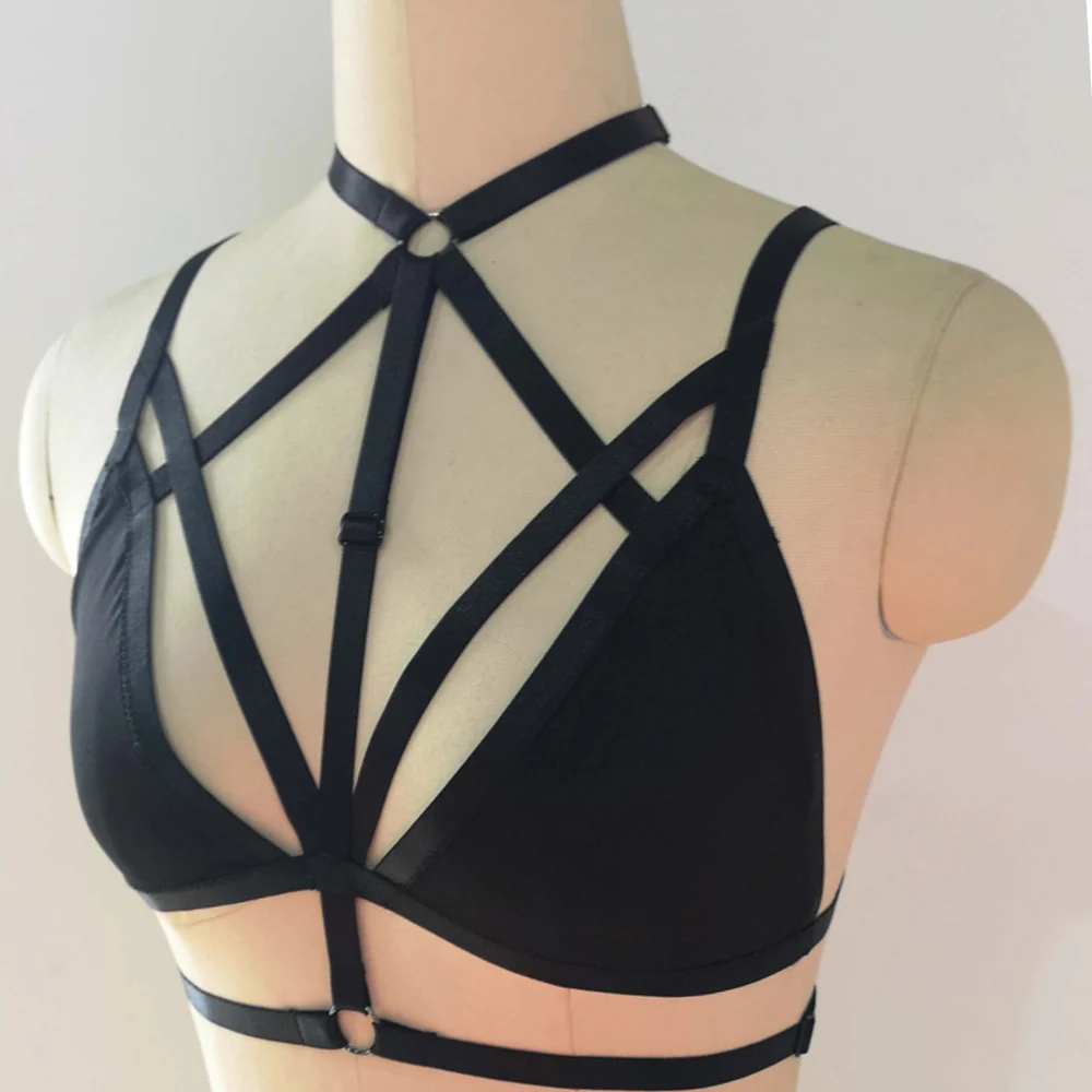 Black Harness Bra Uncovered Cup Adjustable Suspender Body Cage Harajuku Elastic Crop Top Sexy Body Harness