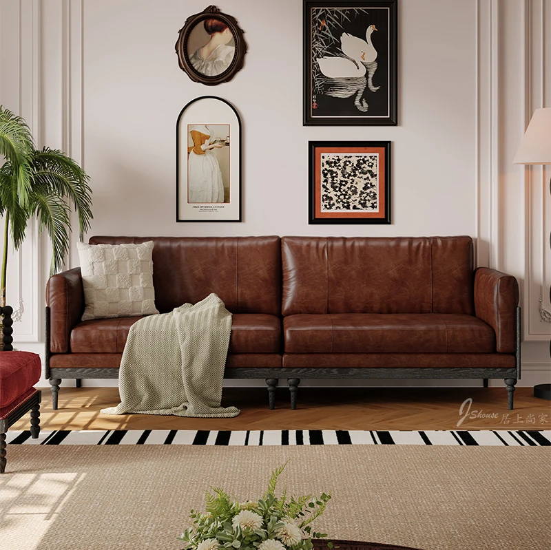 AA retro leather sofa pure solid wood antique living room home straight sofa