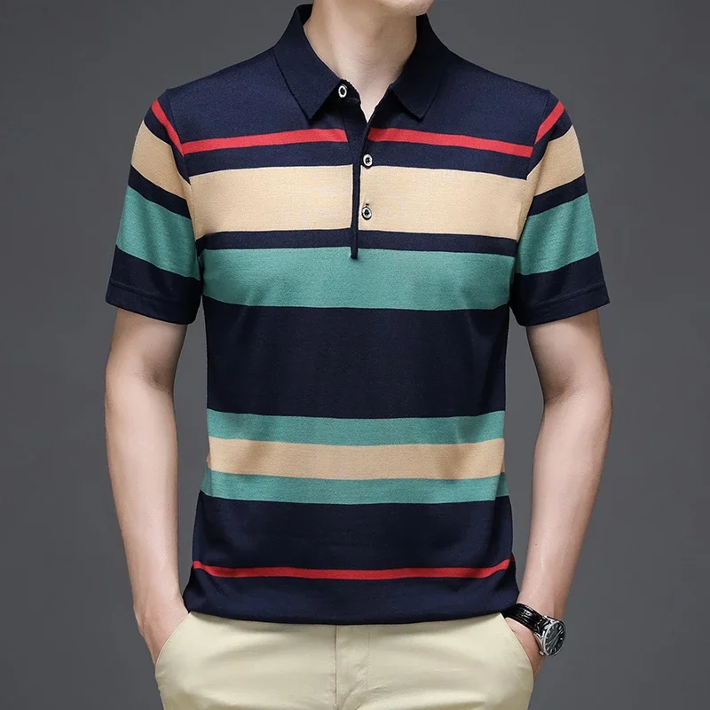 2024 Summer New Men\'s Knitted Stripe Short Sleeved POLO Shirt Comfortable and Cool Casual Fashion T-shirt