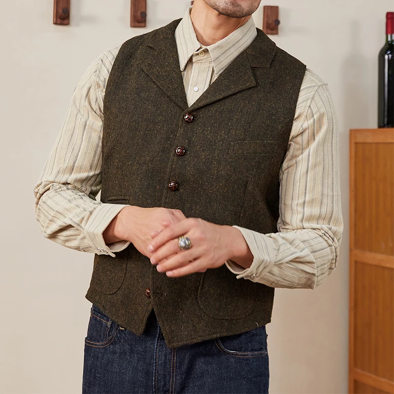 Men's Vest Coffee Tweed Herringbone Tweed Tailored Collar Retro Tooling Waistcoat 3 Pocket Formal Single Breasted Wedding Vest