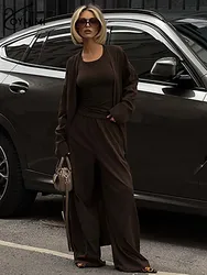 Oymimi Casual Brown 3 Piece Sets Women Outfit Fashion Long Sleeve Robe And Slip Slim Tank Tops + Simple Straight Trousers Sets