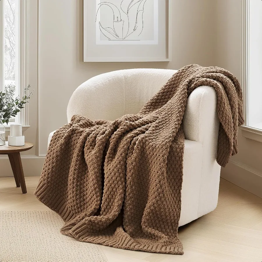 

Chunky Chenille Knit Throw Blanket for Couch Soft Luxurious Moss Stitch Blankets for Bed Cozy Decorative Farmhouse Knitted Thro