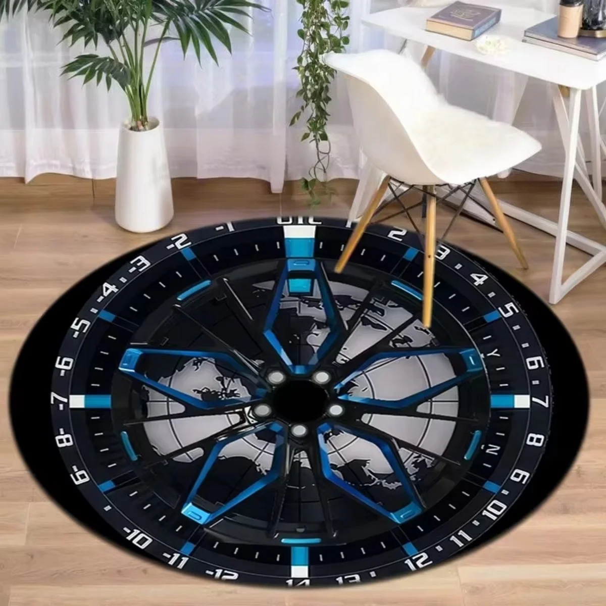 Watch Wheel Rim Round Area Rug World Map Dial Print Circle Floor Mat Modern Tech Style Home Interior Decor