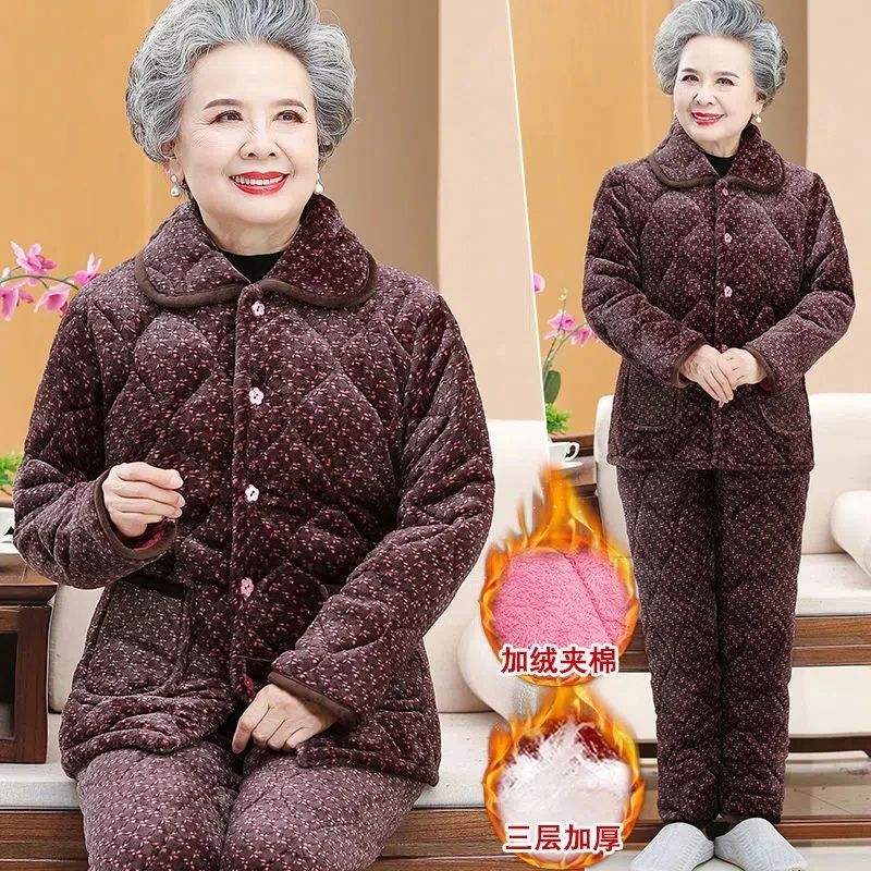 Grandma Pajamas Three Layers Thickened Mother Home Clothes Elderly Women Coral Velvet Pajamas Sets Winter Suit Warm Pants 2PCS