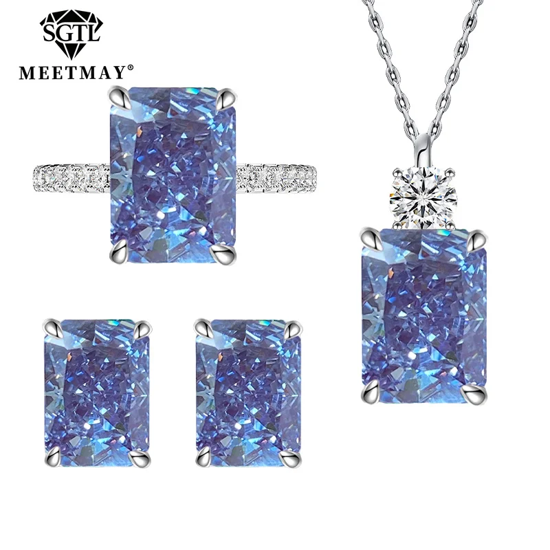 

S925 sterling silver sparkles ice cut rectangular Starry Sky Blue zircon women‘s earrings& pendant necklace high carbon diamond
