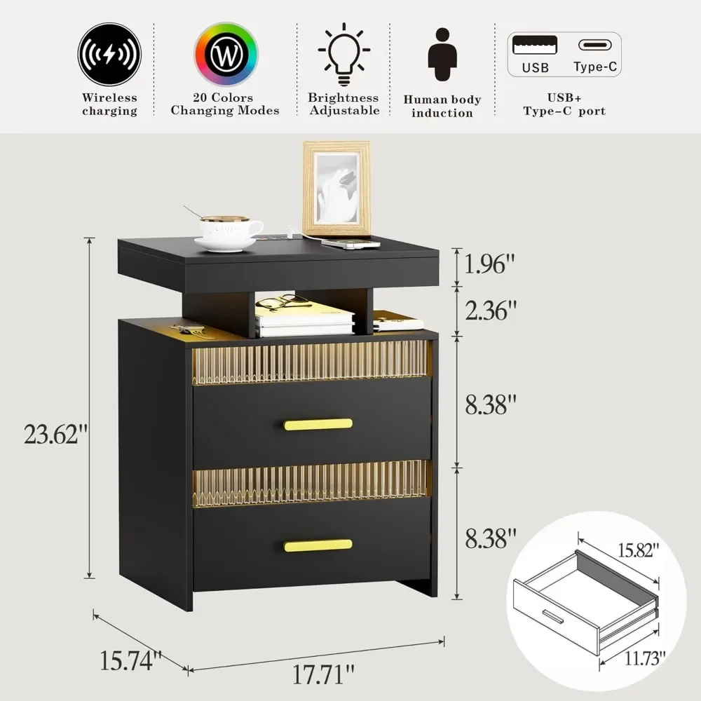 Night Stand Set 2 with Charger Station and 2 Drawers Wood  Bedside Table for Bedroom Smart LED Nightstand