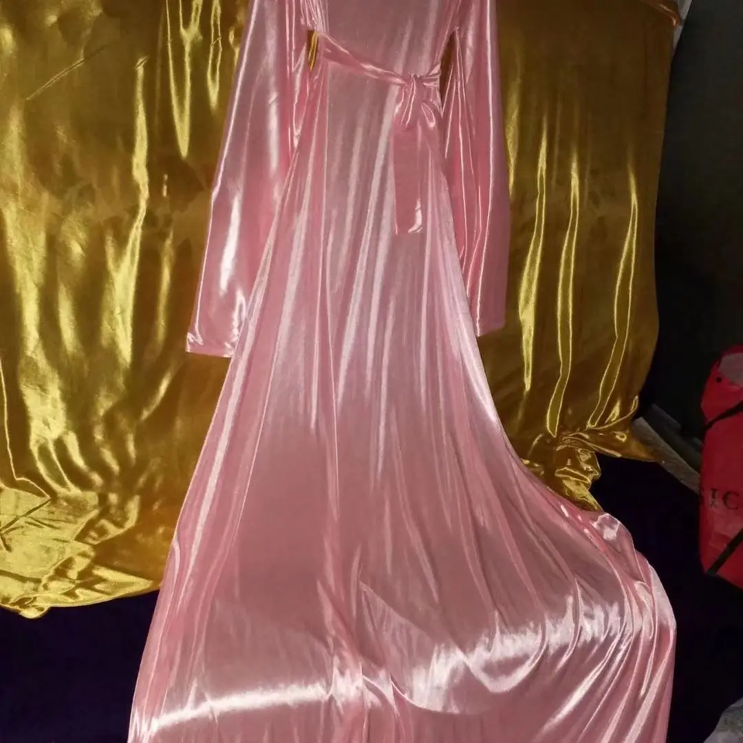 

Man's Sexy Pink Thin Glossy Soft Silky Touch Long Dress Women Satin Flare Sleeve Loose Long Maxi Dress Plus Size Sleeping Robe