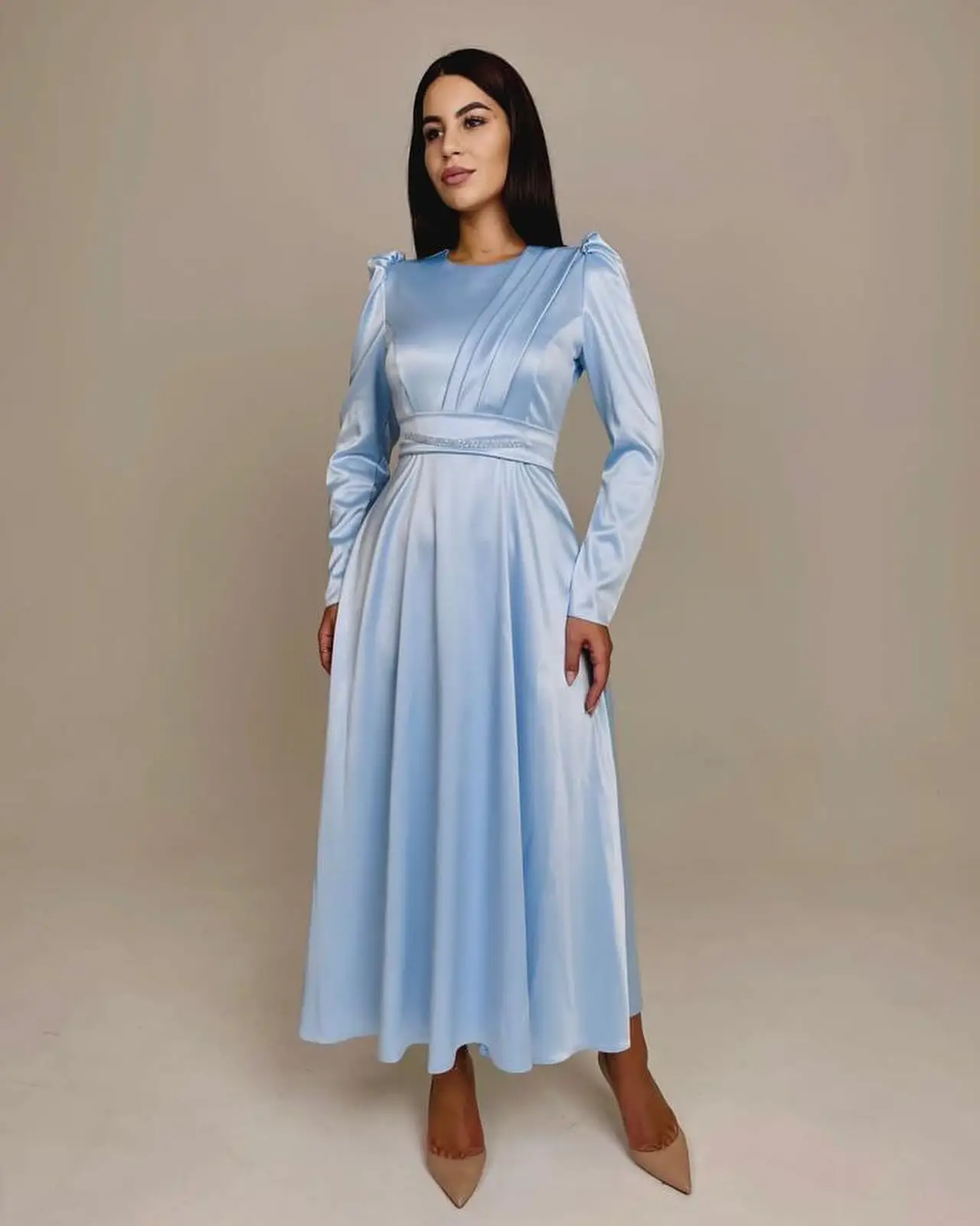 

Customized Simple Satin A-Line Crystal Evening Dress Crew neck Long Sleeves Ankle Length Solid Color Vestidos para mujer