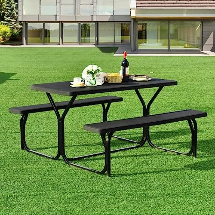 Picnic Table for Garden Patio Lawn Deck, Plastic with Steel Frame Wood-Like Texture Tabletop, Beige, Expanded Rectangular Campi