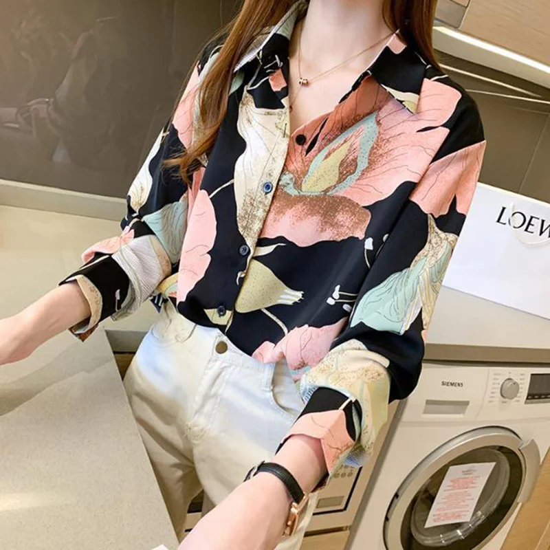 Vintage impresso botão de chiffon camisa floral coreano 2022 outono nova manga longa comutar tops roupas femininas blusas casuais solto