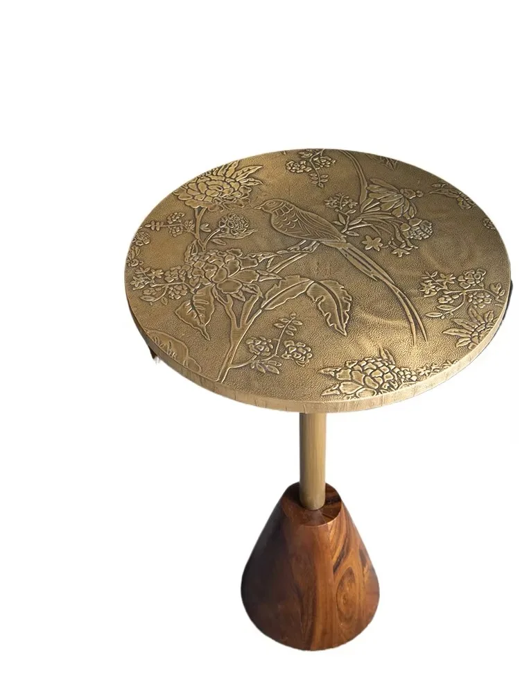 Living Room Sofa Round Table Movable Side Table Balcony Casual Coffee Table Retro Brass Solid Wood Bedroom Bedside