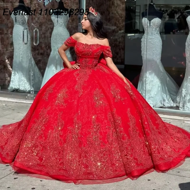 

EVLAST Customized Mexican Red Quinceanera Dress Ball Gown Shiny Sequined Lace Appliques Sweet 16 Dress Vestido De 15 Anos E1Q41