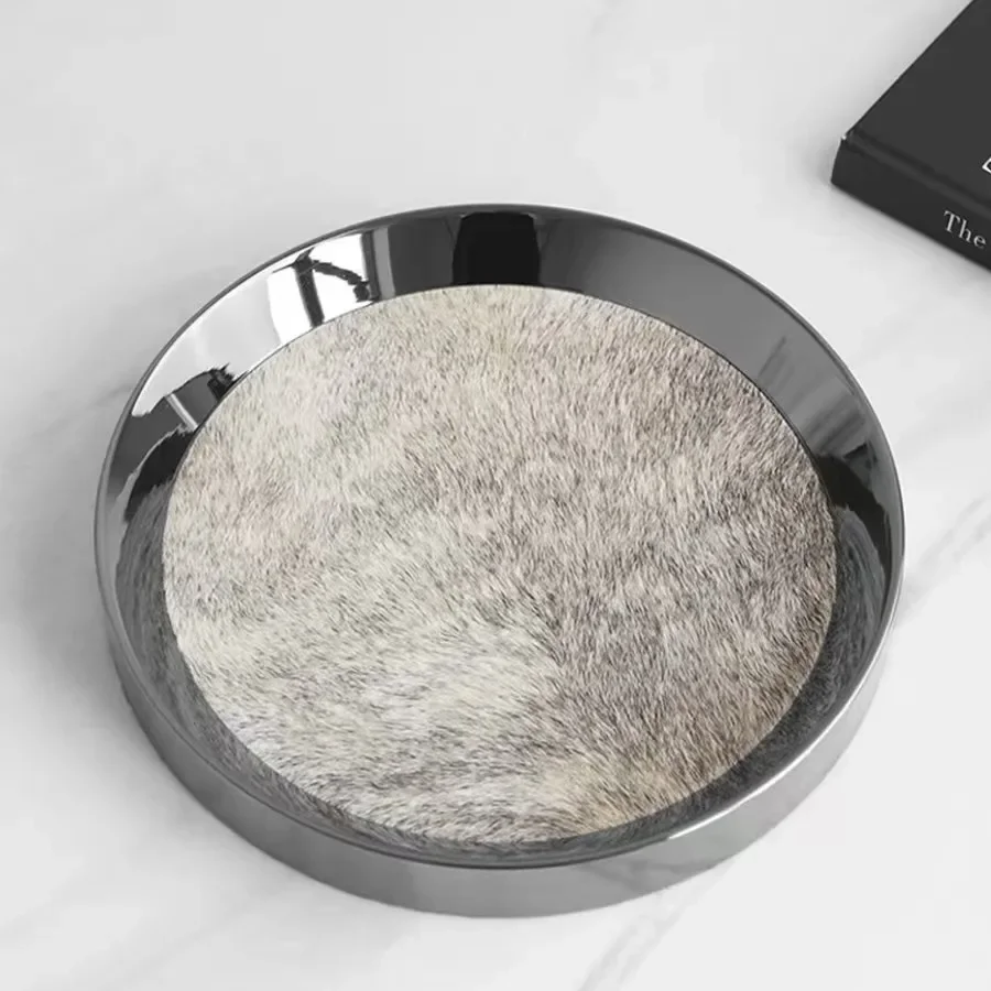 Nordic Luxury Stainless Steel Tray Round, Simulated Horsehair Storage Tray, Jewelry Storage Tray, Living Room Decoration
