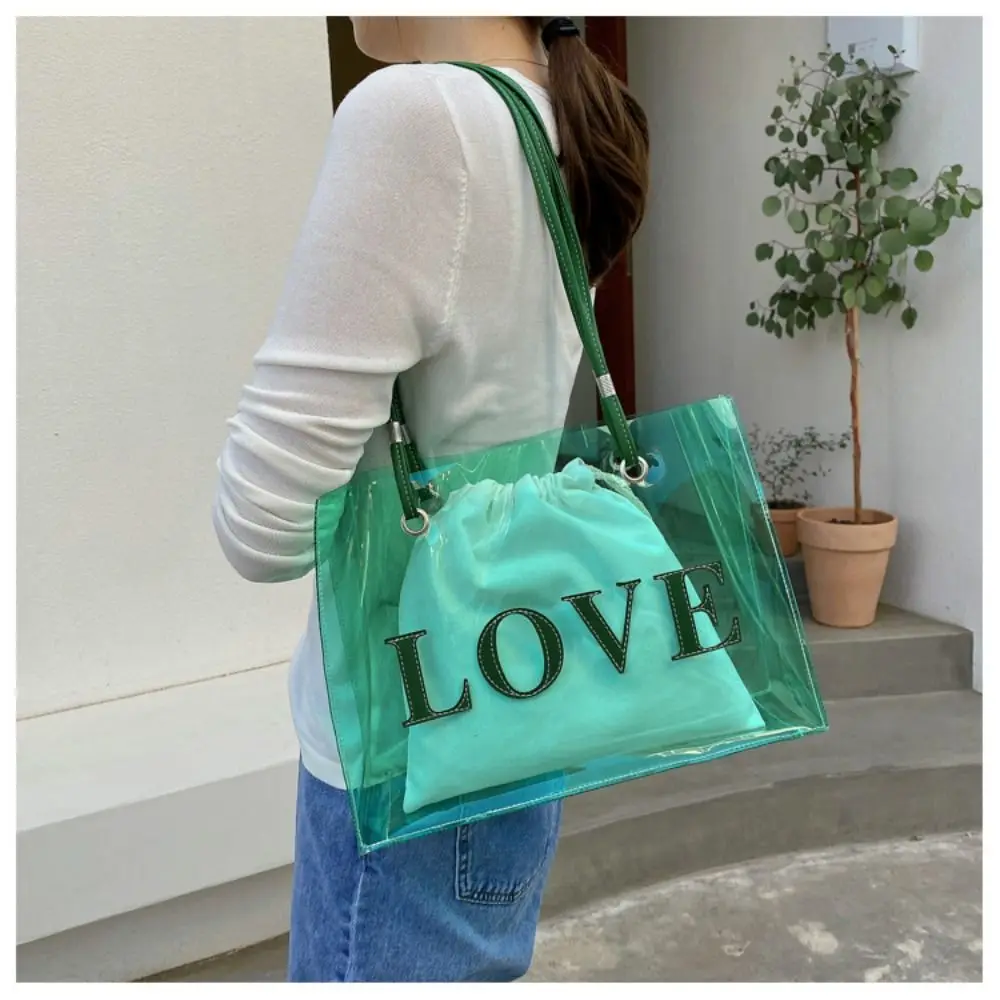 Transparent Laser Shoulder Bag for Women Candy Color Letter Fashion Mini Crossbody Messenger Bag PVC Jelly Tote Bag