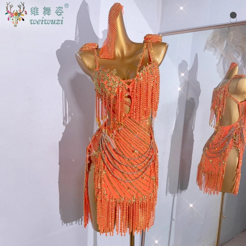 Latin Dancers Performance High-End Customized  Flash Rhinestone Hollow Dresses Adults Tango Chacha Dance Professional Dresses