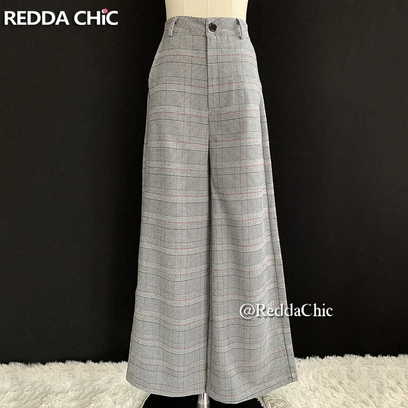 REDDACHiC Plaid Gray Suit Pants Women Vintage High Rise Loose Bootcut Pants Wide Leg Long Trousers Business OL Casual Clothes