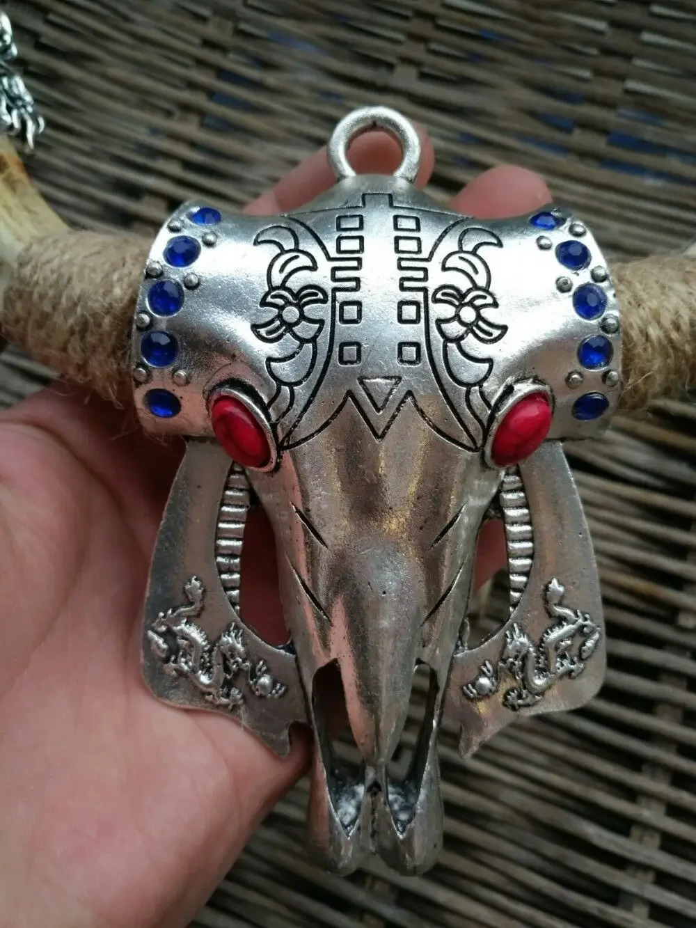 Wild Pig Teeth Embedded Alloy Ox Head Wild Boar Tooth Amulet