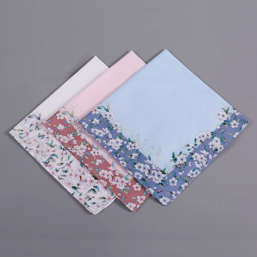 3-Pack of Women's Pure Cotton Printed Handkerchiefs, Wedding and Bride Souvenirs, Romantic Flower Handkerchiefs, Suitable for All Seasons