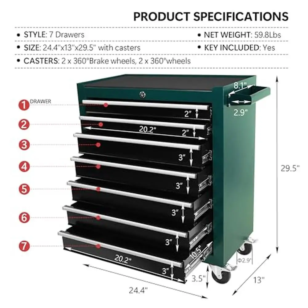 7-Drawer Steel Tool Chest on Wheels Lockable Mechanic Cart with Toolboxes Trays Garage Toolbox Organizers 30 Inch Heavy-Duty