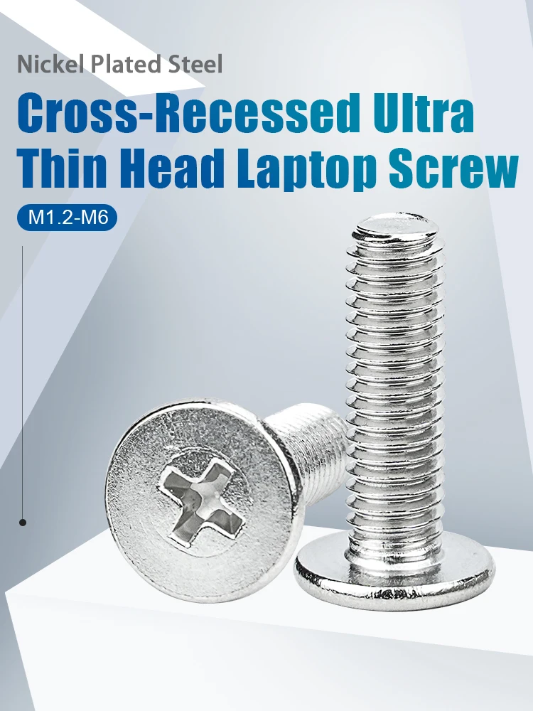 Vis croisée Ultra fine à tête plate pour petit ordinateur, en acier nickelé M1.2 M1.6 M2 M2.5 M3 M4 M5 M6, pour ordinateur portable, 20 à 50 pièces/paquet