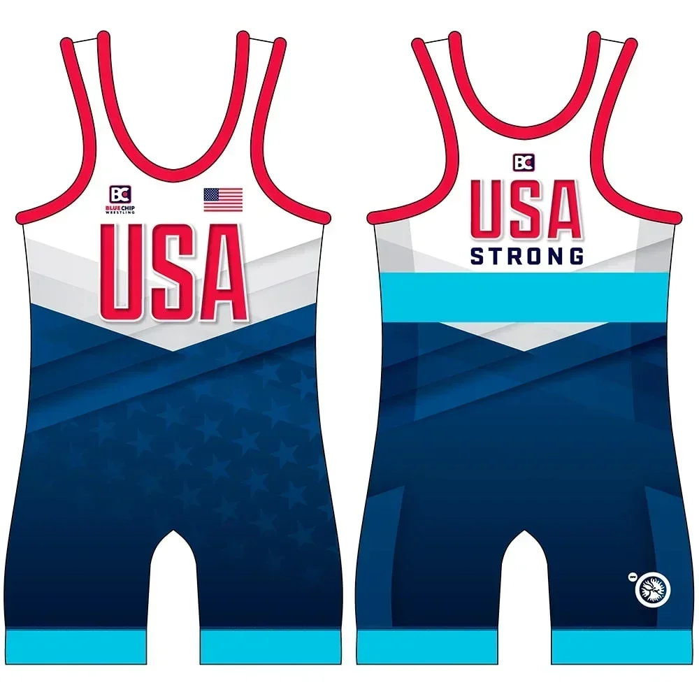 2023 Usa Champion Team Men's Wrestling Singlets Race Suit Gym Tights Triathlon Clothing Fitness One-piece Weightlifting Skinsuit