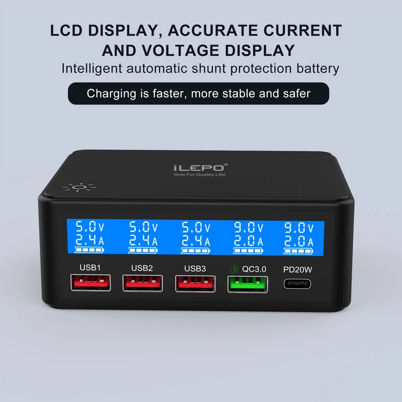 65W PD QC Fast USB Charger 5 Ports Smart Charge Station Hub Quick Charge Adapter USB C Charger Type C Display Desktop Chargers