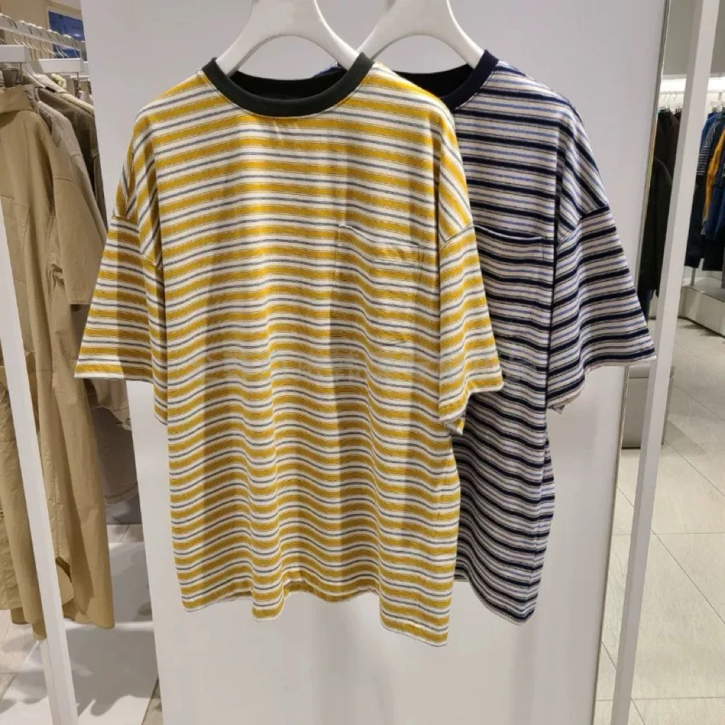 

Простая повседневная круглая футболка Ne Color Blo в полоску, универсальная свободная футболка ort Sve, корейская одинарная 25, весна-лето