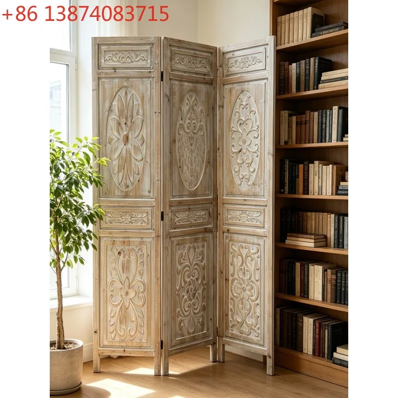 Solid wood retro carved screen, foldable three-fan carving process antique partition