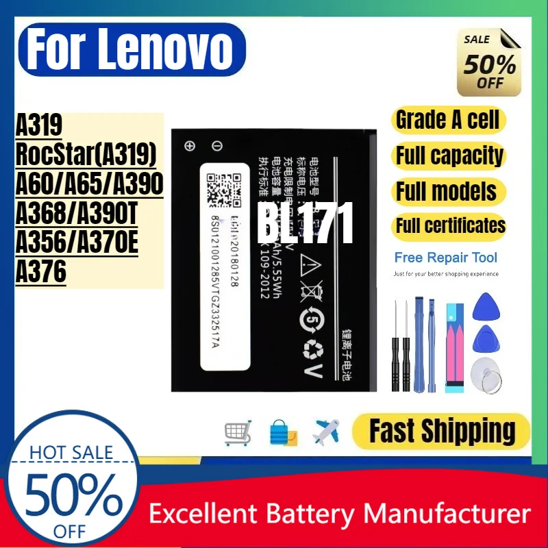 0 Cycle BL171 Battery for Lenovo A319 RocStar A390 A390T A368 A356 Phone High Quality Replacement Battery Lithium Ion Bateria