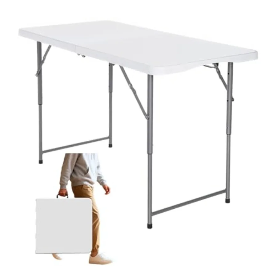 

Folding Table 4 Foot Portable Heavy Duty Plastic Fold-in-Half Utility Table Small Indoor Outdoor Adjustable Height with Carryin