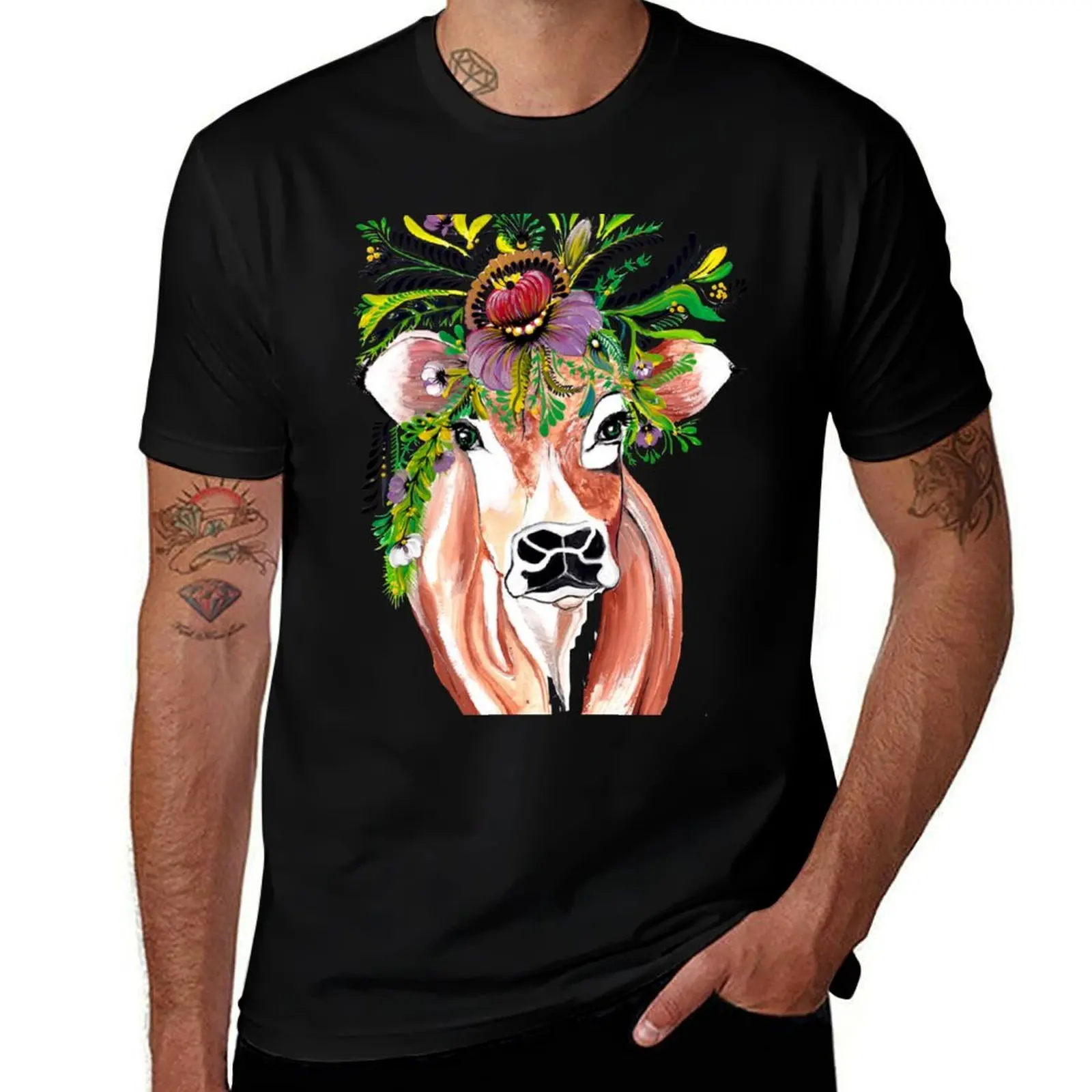 

Cow with flower wreath – colorful portrait on black T-Shirt new gifts and t-shirts tops customs blacks mens t shirts pack