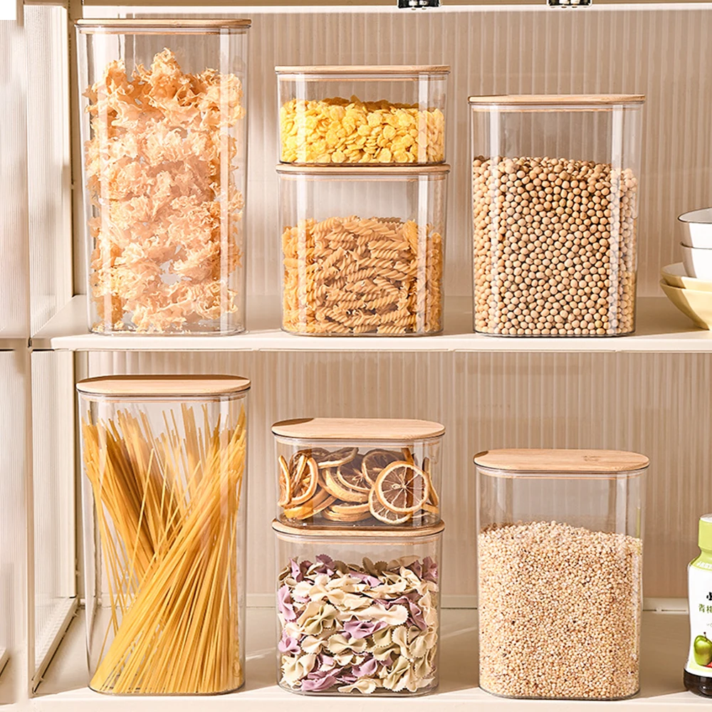 Wood Lid Plastic Airtight Canister Kitchen Storage Bottles Jars Food Container Grains Coffee Beans Grains Candy Jar Containers