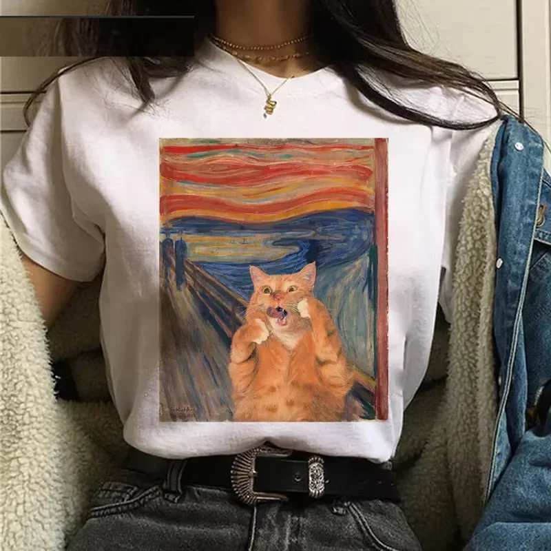 

T-shirts Women Cat Oil Painting Printed Funny Graphic Tee Shirt Summer Short Sleeve Casual White Tops Harajuku Clothing