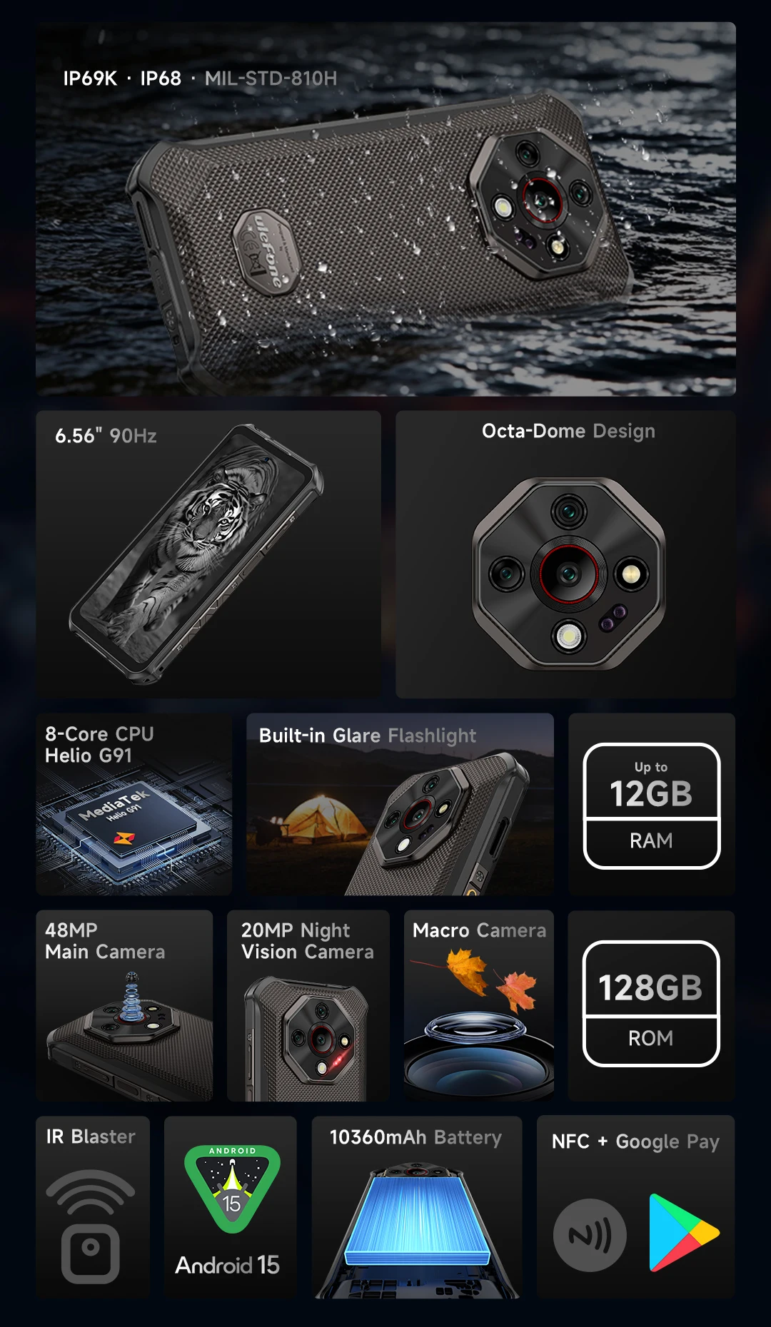 Ulefone Armor X16 4G Rugged Phone Smartphone Android 15 Up to 12GB+128GB 10360mAh Glare Flashlight 48MP Main Camera