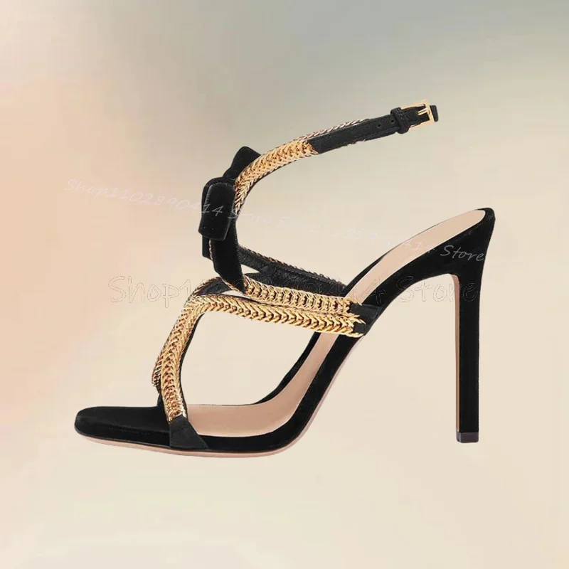

Gold Chain Black Bow Knot Decor Open Toe Sandals Ankle Buckle Strap Women Shoes Thin High Heels Runway 2026 Zapatos Para Mujere