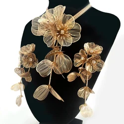 Best Lady Flower Decorated Waterfall Necklace Earrings For Women Fashion Petals Pendant Jewelry Set Elegant Bride Accessories
