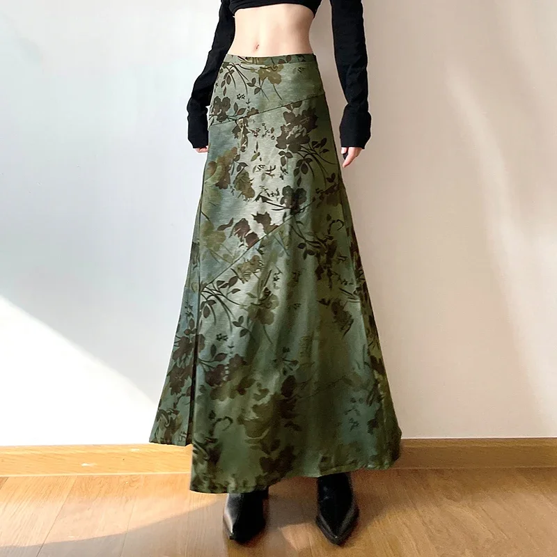 

Vintage Print Green Trumpet Midi Skirts Y2K Aesthetic Chic Low Waist Long Grunge Fairycore Holiday Outfits New