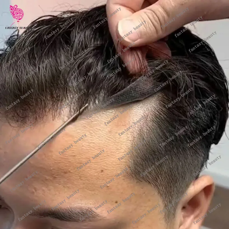 Super Thin Skin 0.02mm Silicon Transparent Pu Brown Grey Black Men Toupee 80%Density Natural Hairline Man Wig Replacement System