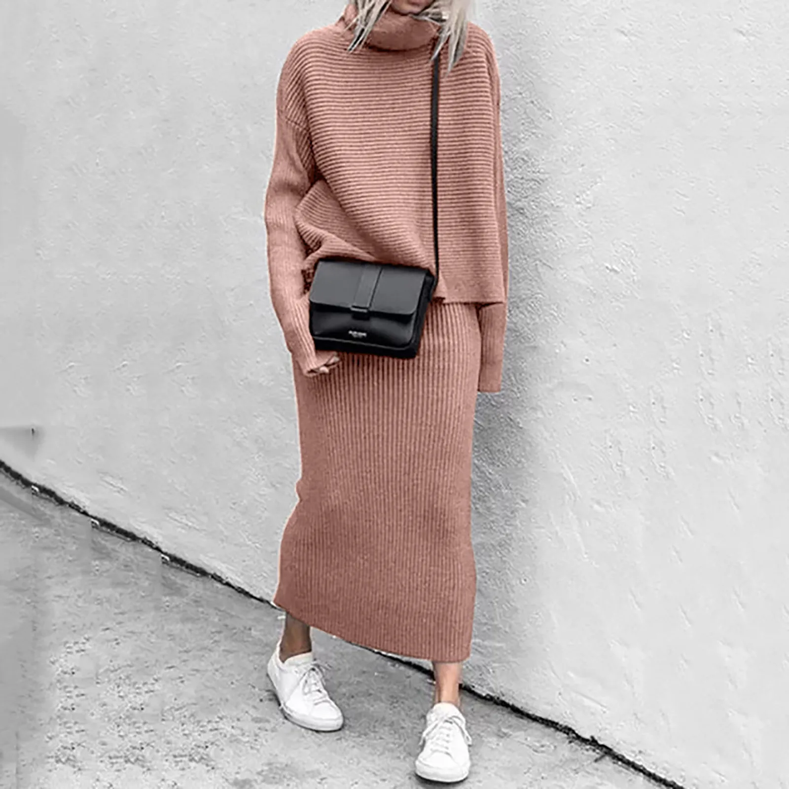 Two Piece Skirt Sets Knit Sweaters Spliced Full Sleeve Turtleneck Long Skirts Suits A Line Matching Set Solid Loose Fit Sports